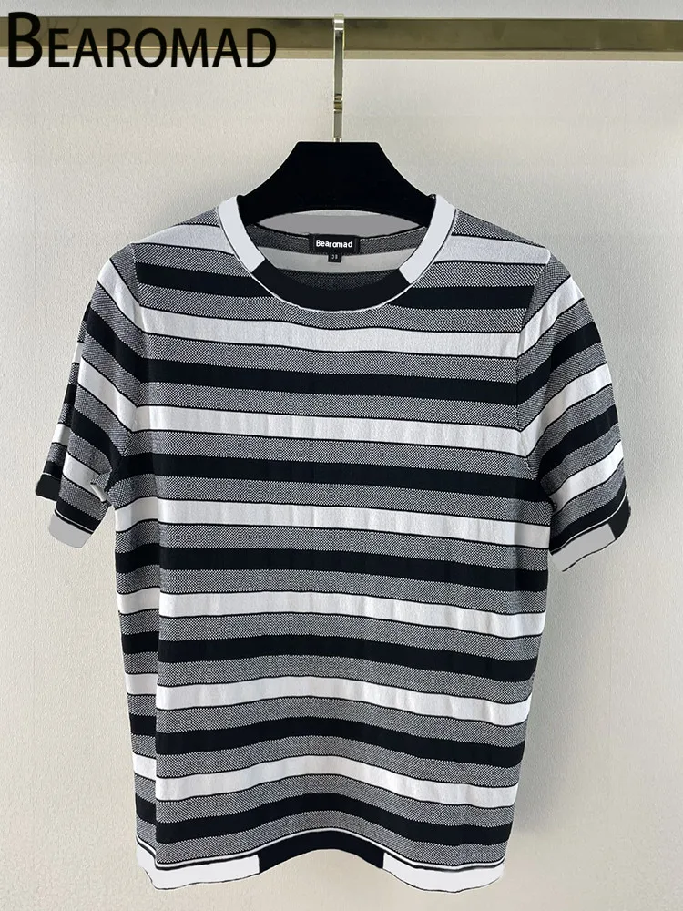 

Bearomad 2022 Designer Runway Fashion Summer Casual Striped Knitting Pullover Tops Women's Short Sleeve Straight Slim Sweater