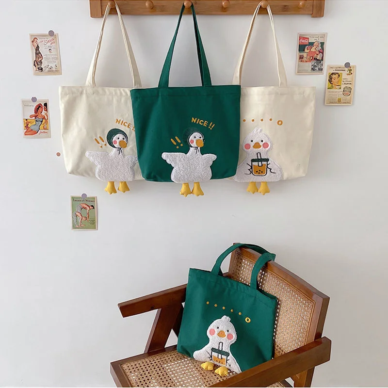

Ins Duck Embroidery Canvas Tote Bag 2020 New Soft Large Shoulder Work Bags Handbag for Women And Girl Shopping Bags