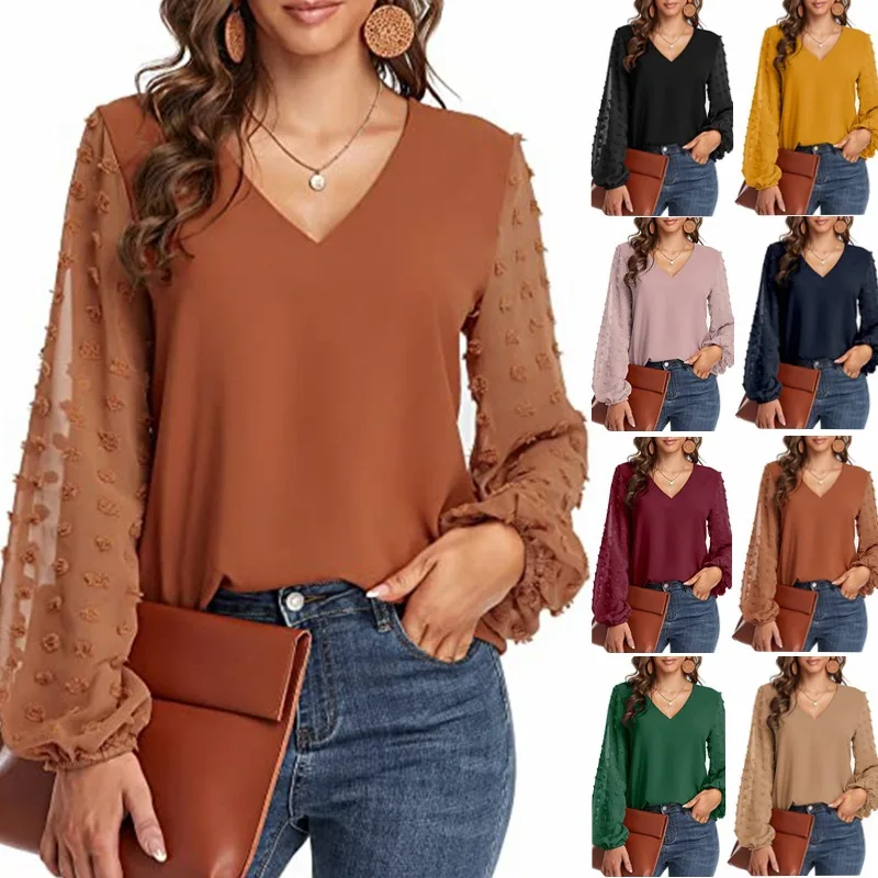 

Setiadia Summer Woman clothes V-neck chiffon panel long sleeves shirt tops pure color casual shirt For fashion women 2022
