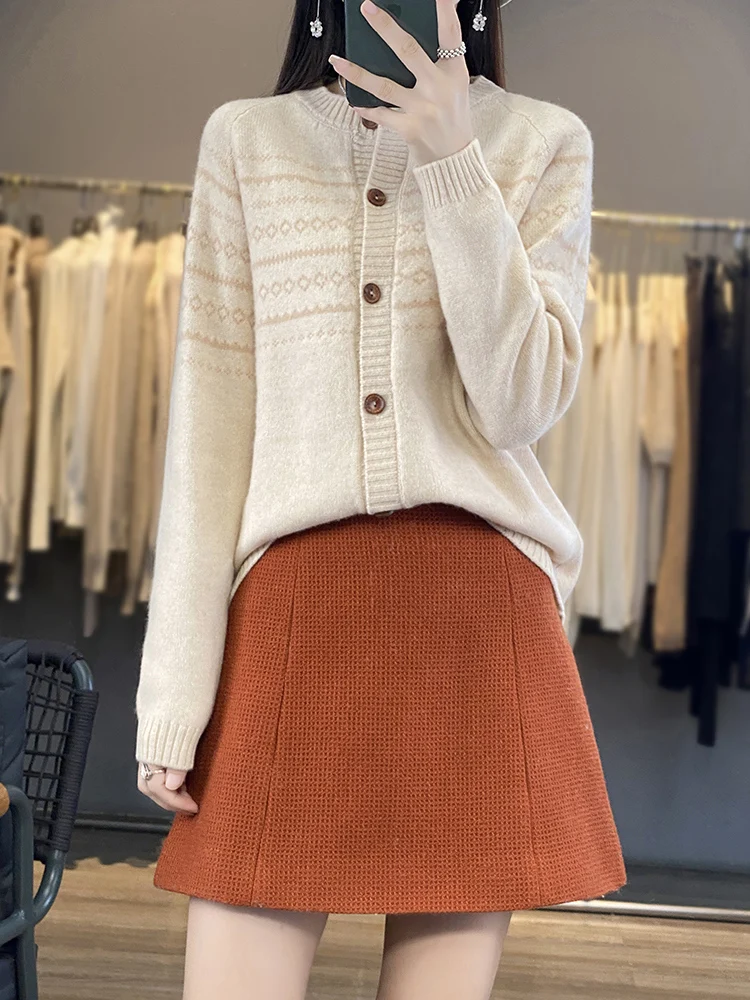 Осенний жаккардовый кардиган в стиле ретро из 00% флиса женский свободный с