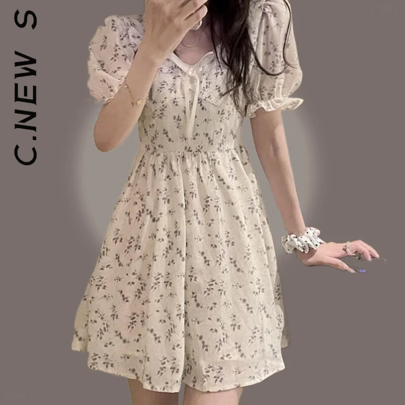 

C.New S Floral Sundress Korean Puff Sleeve Mini Dress Streetwear Lazy Elegant Party Dresses Soft Simple Female Clothing Vestidos