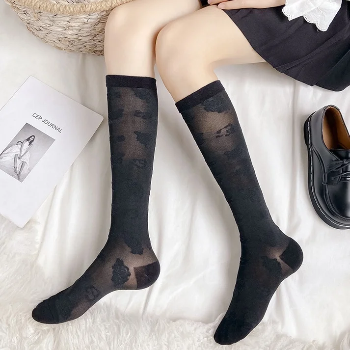 

Socks Women Girls Beautiful Legs Rose Calf Jk Japanese Korean Style Summer Thin Long Tube Ins Trendy Black and White High Tube