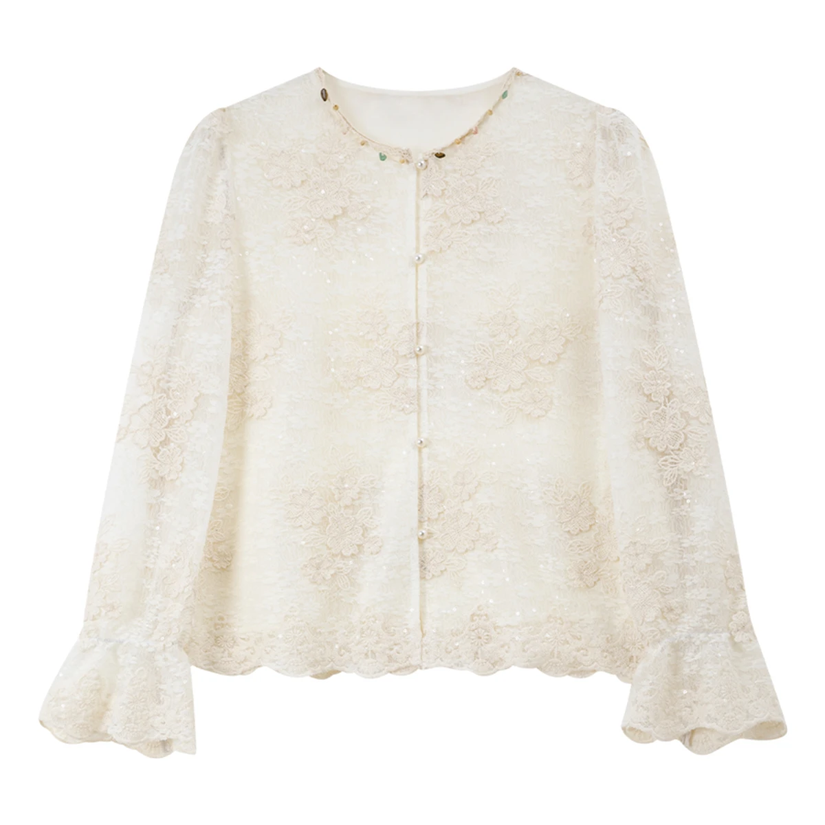 Женская блузка VIMLY Apricot Lace, весна 2026, новая коллекция, с круглым вырезом, цветочной вышивкой, фестончатым краем, в французском стиле, элегантная повседневная рубашка A5236 (art.: 3920d87c555bb) - 3920d87c555bb
