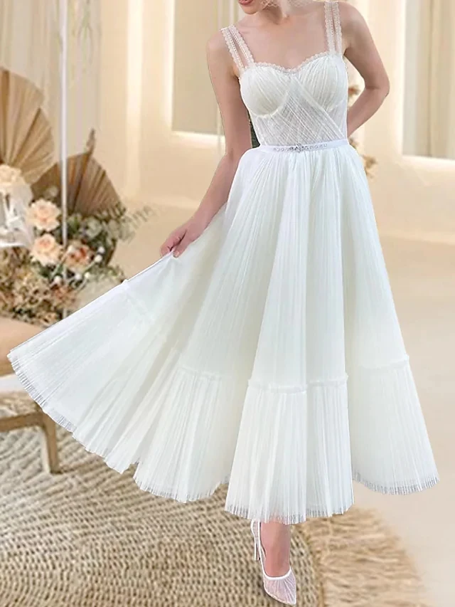 

A-Line Sweetheart Tea Length Wedding Dresses Tulle Sleeveless Simple Vintage Sexy Little White Backless 1950s Bridal Gown