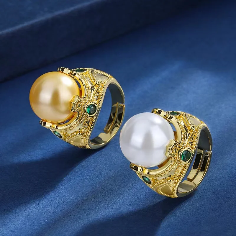 

Eyer Precious Resizable White Yellow Cubic Zirconia Big Pearl Charms Rings for Women Luxury Retro Bridal Wedding Finger Jewelry