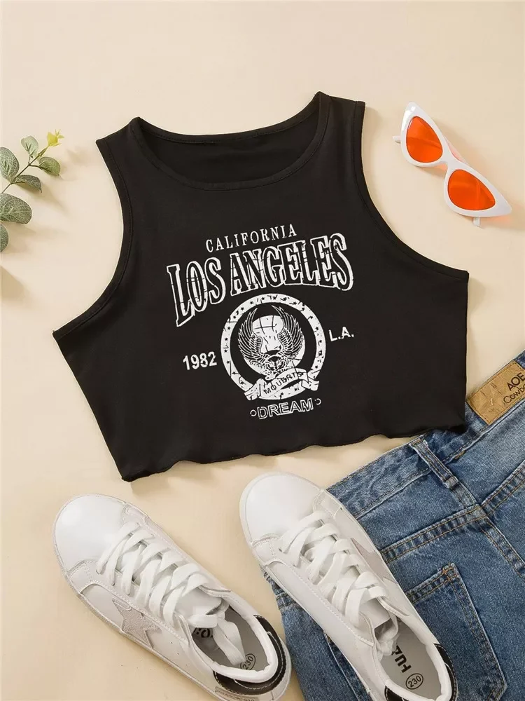 

High Street Style Graphic Letter Print Crop Top Women Summer Y2K Clothes Harajuku Black Vest Sleevelss Slim Tank Top Streetwear