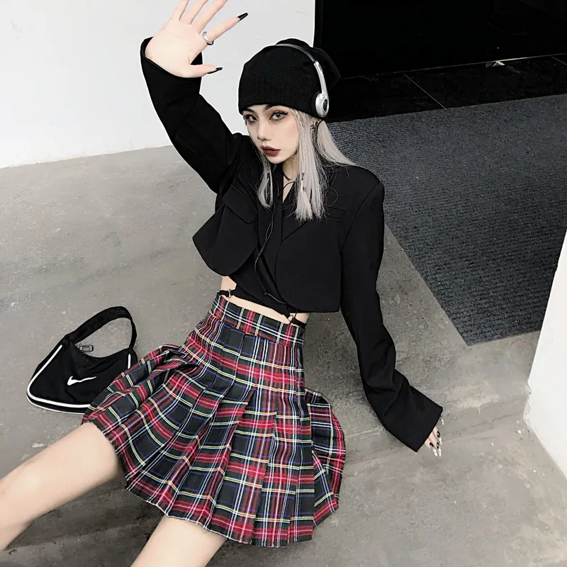 

Женская трапециевидная клетчатая мини-юбка, Готическая плиссированная юбка в стиле Харадзюку, летние японские платья с подкладкой на молнии для девушек, 2022