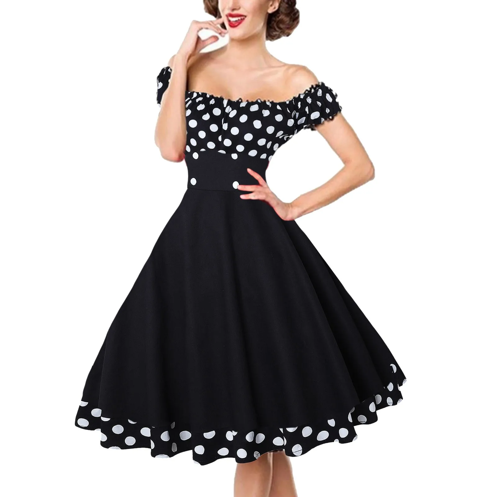 

Elegant Vintage Hepburn Dress Women Black Red Off Shoulder Sleeveless A-Line Dress Female Retro Rockabilly 50s Polka Dot Dress