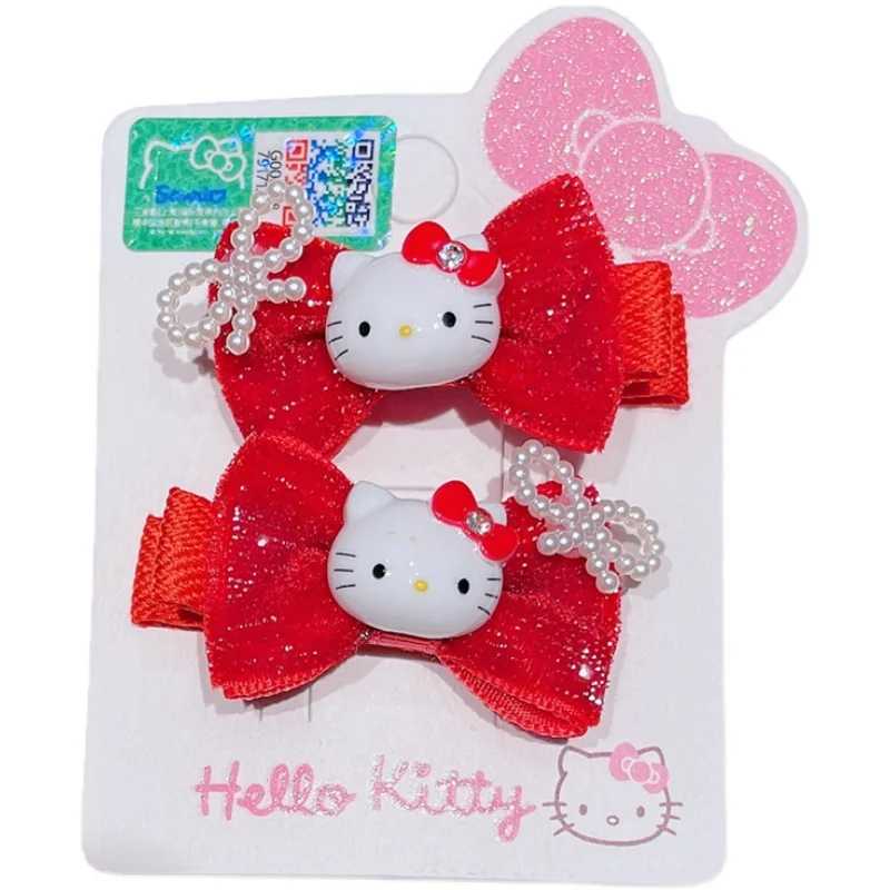 

Новинка, бархатная заколка Hello Kitty для девочек, пара красных бриллиантов с бантом, Детская резинка, резинка для волос, аксессуары для волос