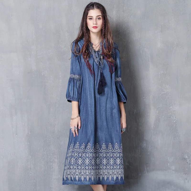 

V-neck Tie Denim Dress Autumn Retro Loose Embroidery Lantern Sleeve European and American Dress