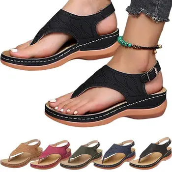 Orthotic Flat Sandals Solid Color Texture Pattern Women's Thong Sandals Comfort Sandal For Women Orthopedic Sandals Arch Support 1