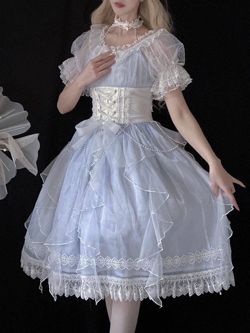 MAGOGO Original Princess Lolita Sweet Dress Girl Beautiful Daily OP Short Sleeve Lace Pearl Dress