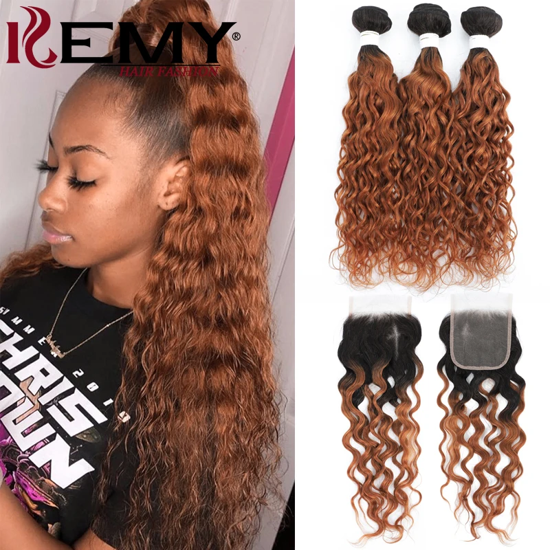 Water Wave Bundles With Closure 1B/30 Ombre Brown Colored Hair Bundles With Closure Brazilian Remy Human Hair Weave Bundles