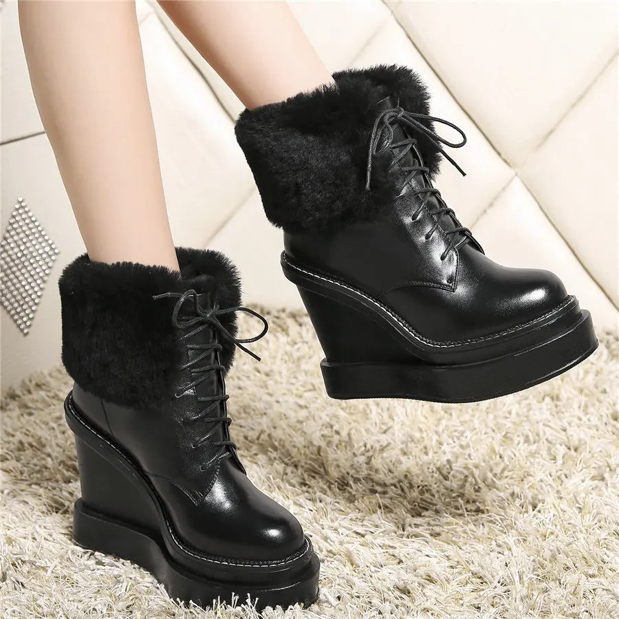 Warm Fur Pumps Women Lace Up Genuine Leather Super High Heels Snow Boots Female High Top Round Toe Fashion Sneakers Casual Shoes