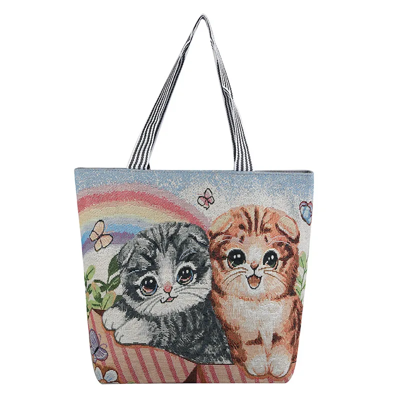 

DICHOS Korean style hand bags Large Capacity cute Cartoon cat Canvas All Match High Quality Texture Women Shoulder Commuter Bag