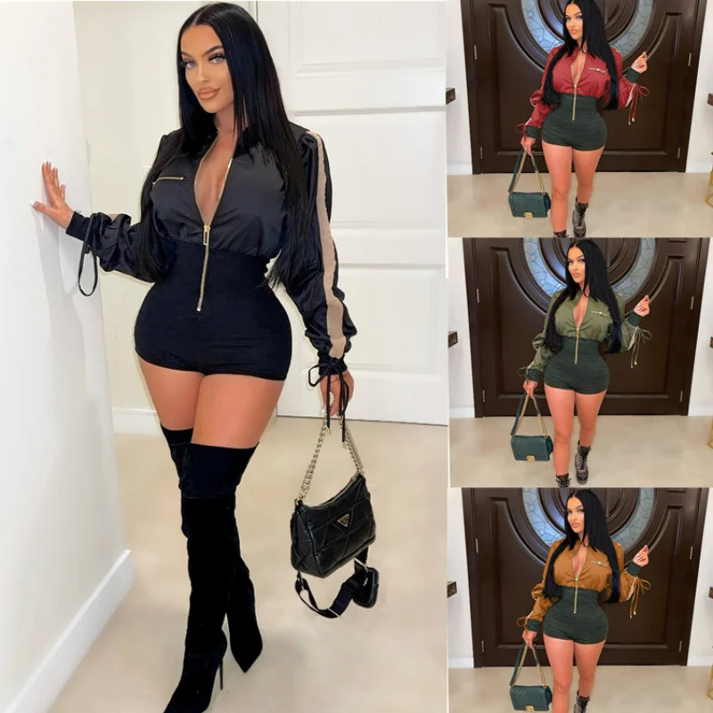 

2023 Summer New Color Contrast Zipper Long-sleeved Jumpsuit Fashion Waist Tight Jumpsuit Overalls Romper Women