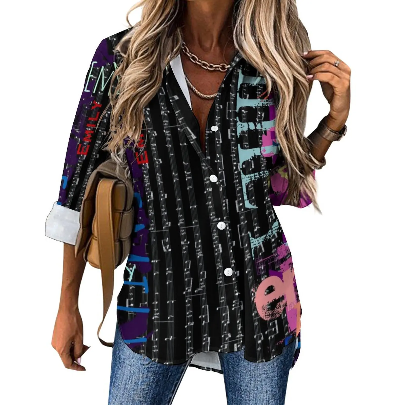 

Word Graffiti Blouse Music Notes Print Kawaii Pattern Casual Blouses Lady Street Fashion Shirts Summer Long-Sleeve Oversize Tops