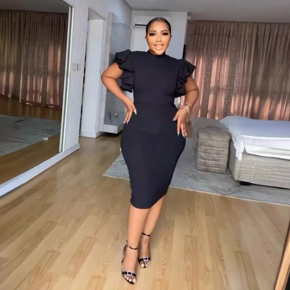 Платье женское летнее однотонное с коротким рукавом-лепестком и круглым вырезом