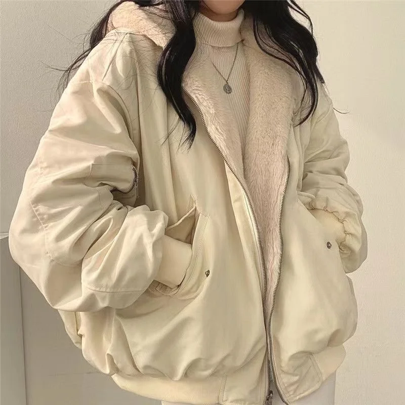 New Double Sided Cotton Coat Winter Women Jacket Harajuku Korean Version Loose Artificial Lambswool Hoodie