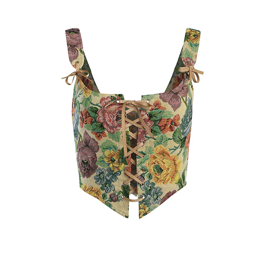 

Women Crop Top Sexy Bandage Bouquet Waist Vest Retro Floral Strap Camisole