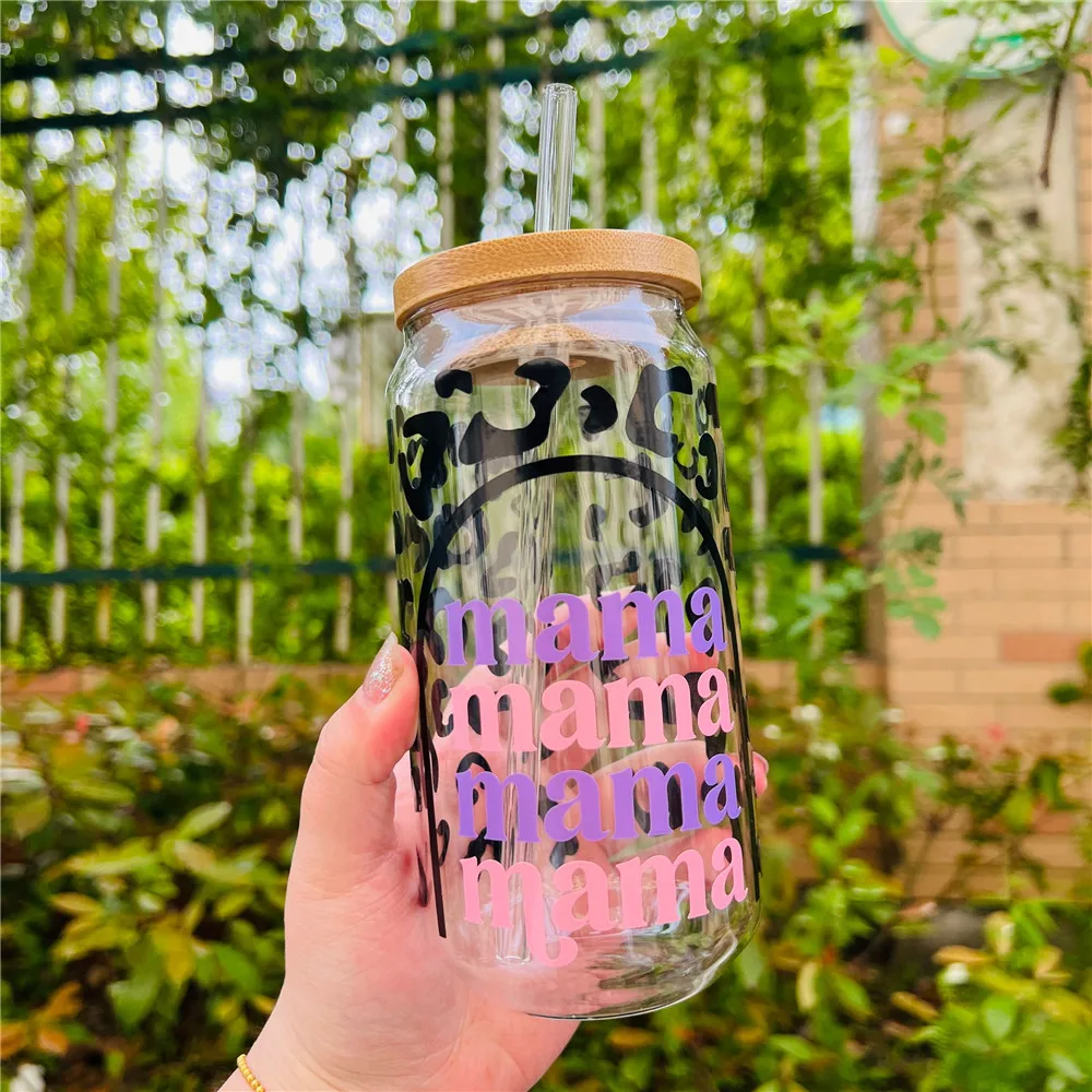 

Mama Cheetah Beer can glasses With Bamboo Lid And Glass Straw Iced Coffee Cup Office Kitchen Drinkware Mothers Day Gift Handmade