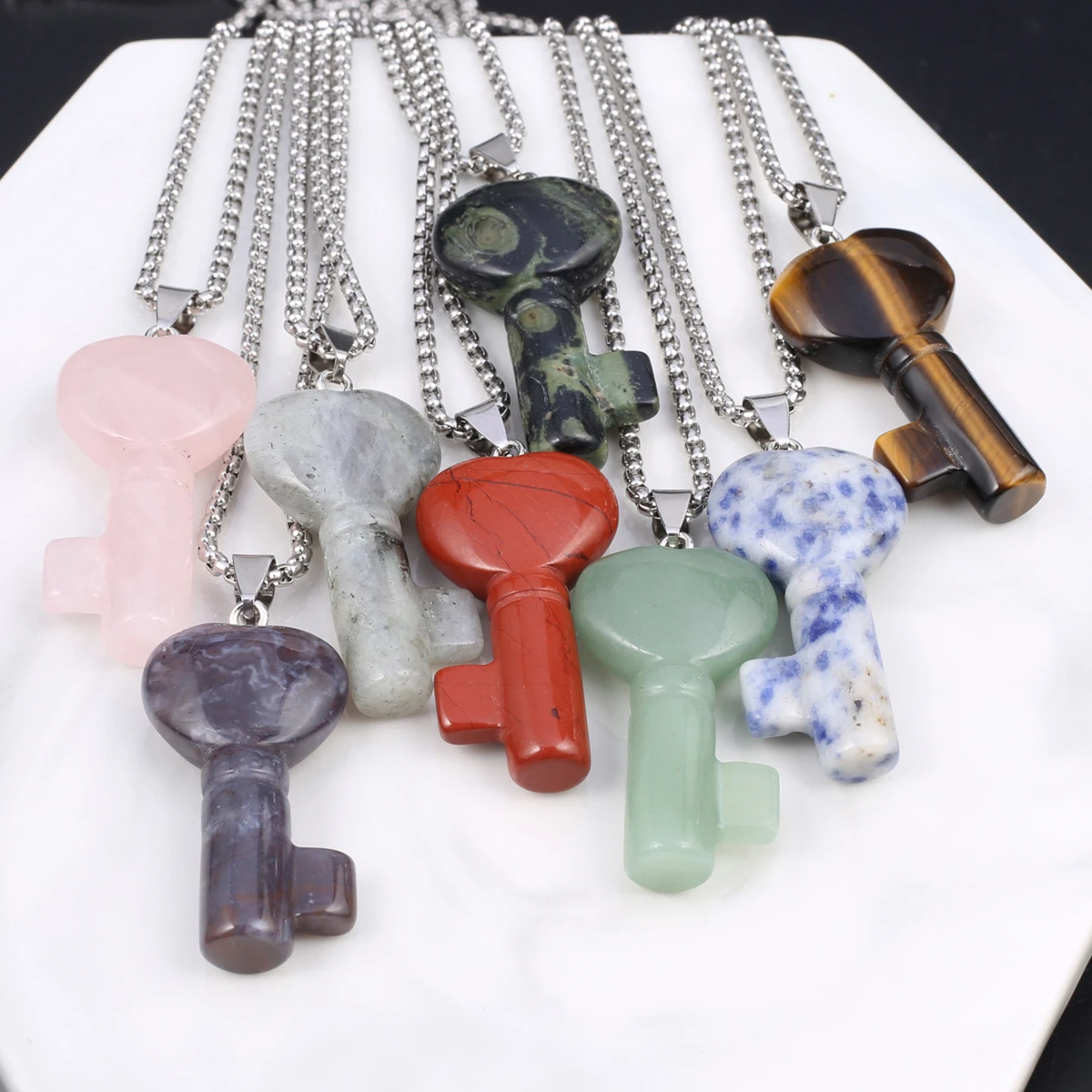 

Natural Stone Heart Key Shape Pendant Necklace Jewelry Women Men Labradorite Pink Quartz Charms Stainless Steel Chain Necklaces