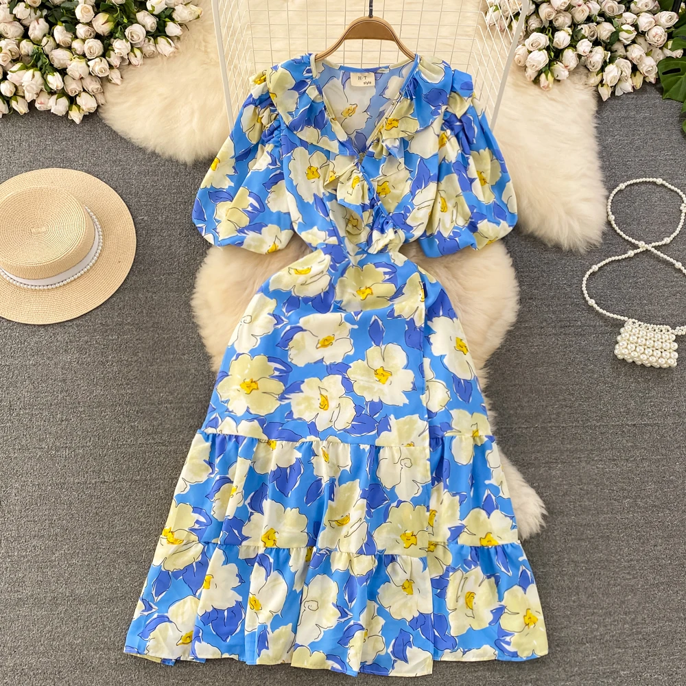 

Clothland Women Elegant Floral Midi Dress V Neck Ruffles Short Sleeve One Piece Summer Chic Dresses Vestido Mujer QC300