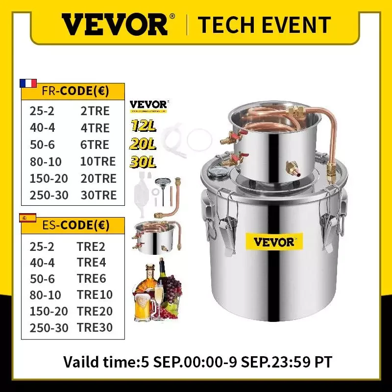 

VEVOR 3 5 8 Gal Distiller Alambic Moonshine Alcohol Still Stainless Copper DIY Home Brew Water Wine Essential Oil Brewing Kit