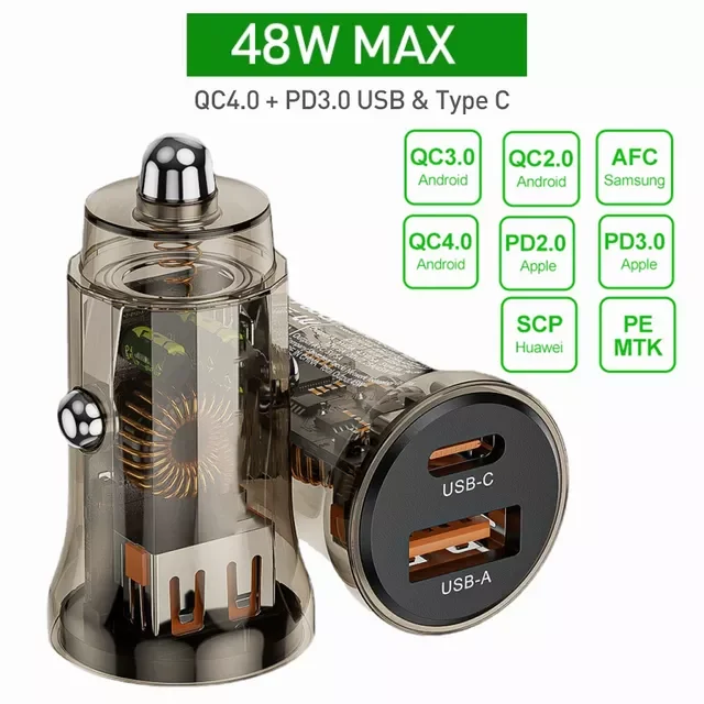 

USB Car Charger Quick Charge 4.0 PD 3.0 48W Fast Charging Charger For iPhone 12 Pro 11 Mi Type C Mobile Phone