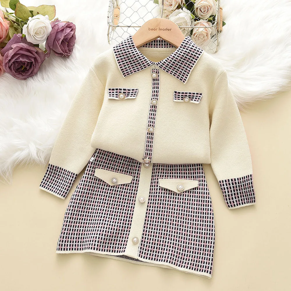 

Melario/комплекты для девочек осенне-зимний новый свитер для девочек Вязаный топ + юбка, 2 предмета, клетчатые вязаные топы с длинными рукавами в...