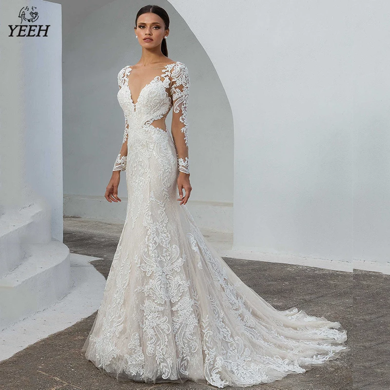 

YEEH Luxury Lace Sexy llusion Wedding Dresses Backless Bridal Gowns for Bride Custom Made Girls Engagement Party Robe De Mariee