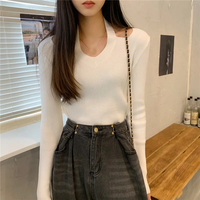 

Lucyever Women's Knitting Sweater Pullover 2022 Korean Slim Fit Long Sleeve Sweaters Female Solid V Neck Jumper Clothes Femme
