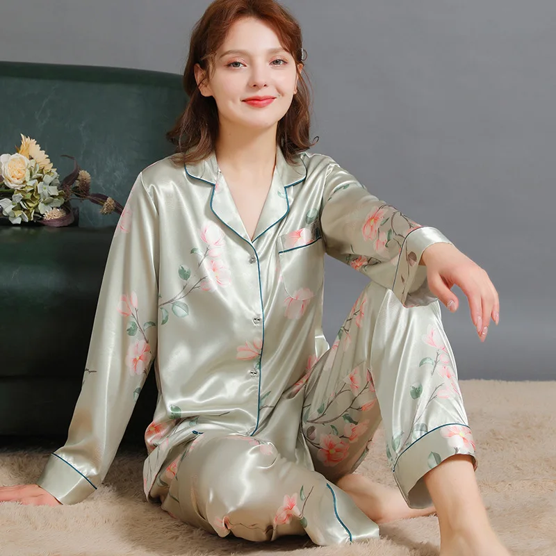 Spring and Summer Ice Silk Women Pajama Sets Free Shipping Long Sleeve Printing Night Clothes Thin Section Pijamas Set for Women