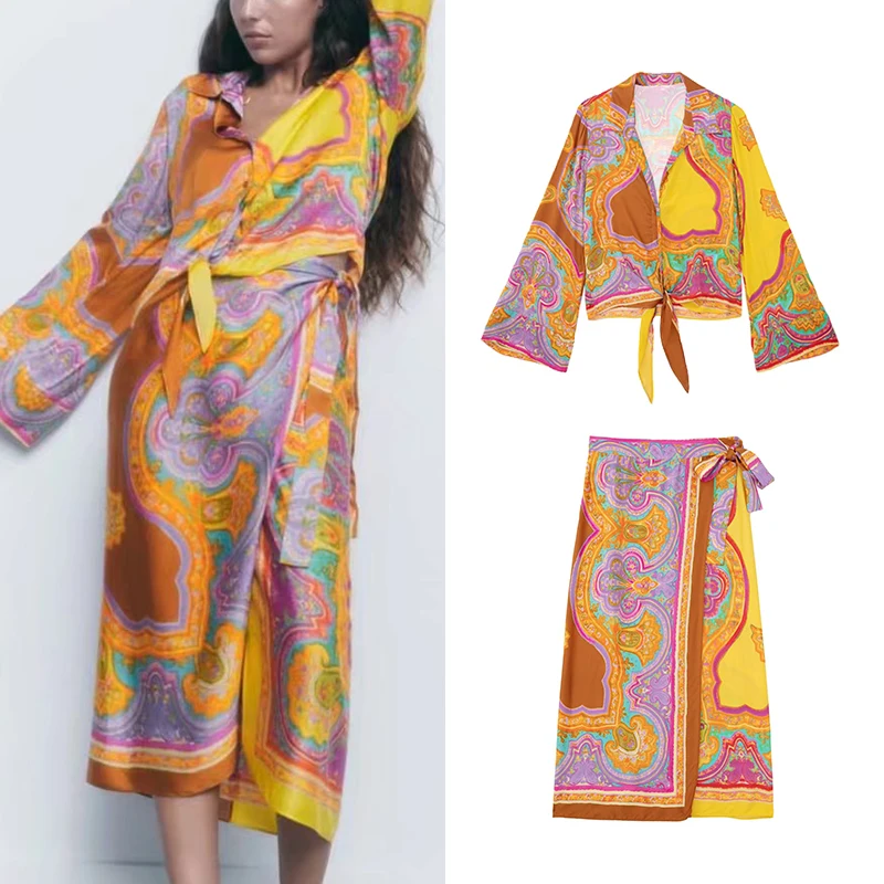 

2022 Spring Women Vintage Long Sleeve Hem Lacing Printed Shirt High Waist Bow Decoration Long Sarong Skirt Two Piece Suit HH6955