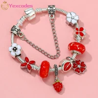 classic design red crystal strawberry and flower pendant bead bracelet silvering red mouth charm jewelry bracelet pulsera mujer