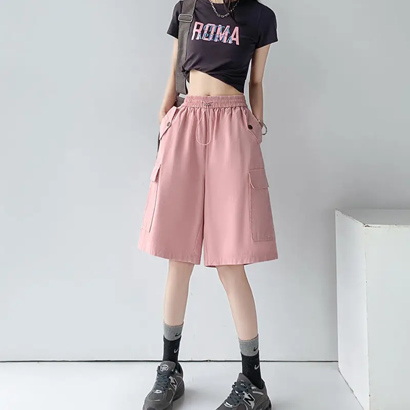 Women's Cargo Shorts Summer 2023 New Casual Big Pocket Baggy Elastic Waist Half Pants Fashion Streetwear Plus Size Clothing