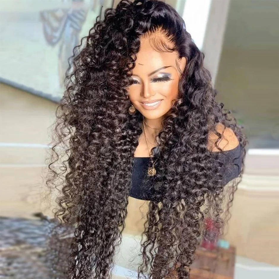 

26Inch Long Middle Part Kinky Curly Natural Black Lace Front Wig For Women Babyhair 180% Density Preplucked Heat Resistant Fiber