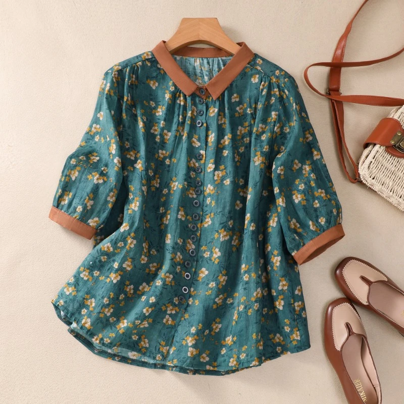 

Женская рубашка из хлопка и льна, свободная винтажная блузка с коротким рукавом и цветочным принтом, лето 2023