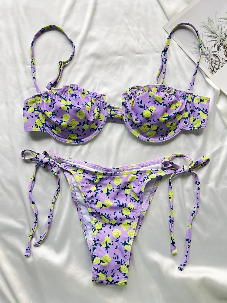 Винтажный бандажный бикини комплект с цветочным рисунком купальник оборками по