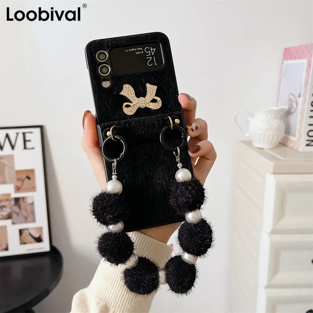 

Ins плюшевый жемчужный браслет, складной чехол для телефона Samsung Z Flip4 Z Flip3, роскошный чехол с кристаллами, бриллиантами и бантом для Galaxy Z Flip 4 3