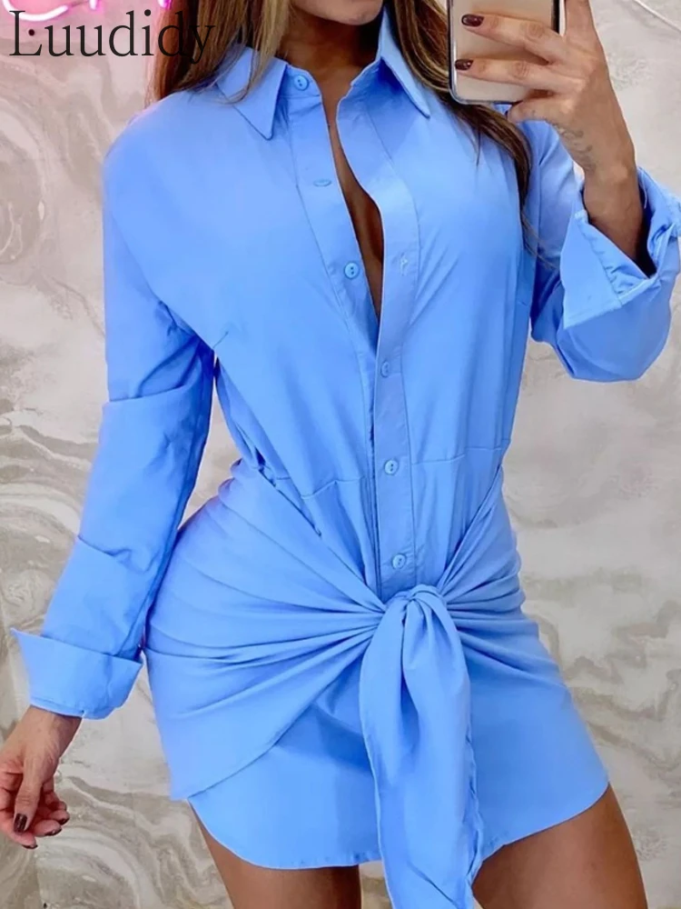 

Women Turn-down Collar Long Sleeve Tied Detail Buttoned Shirt Dress