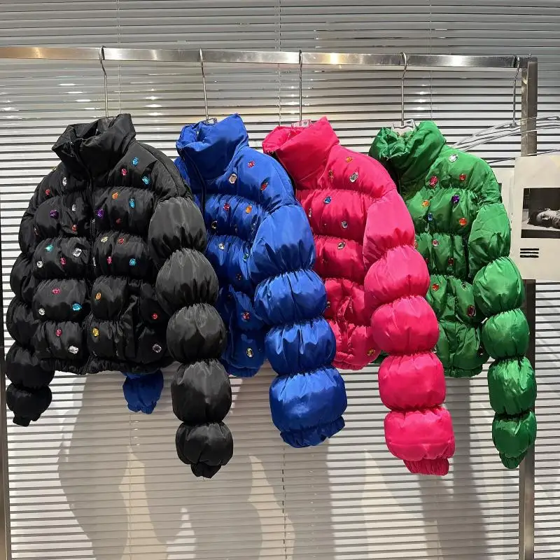 2022 Winter Clothes Women Heavy Diamond Cotton Padded Jacket Woman Loose Casual Warm Parkas Female Green Coat