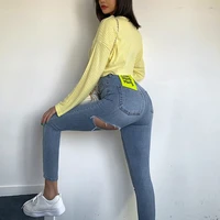 women after the hole tight jeans high waist denim pants 2021 lady sexy summer bodycon pant casual destroyed hole long trousers