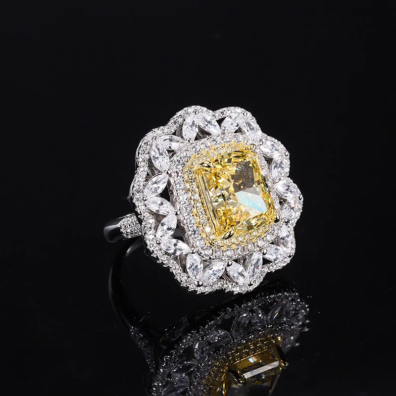 

Lind Jewelry S925 Full Body Silver Colored Gems High Carbon Yellow Diamond Square Luxury Inlaid Closed Ring Main 8*10