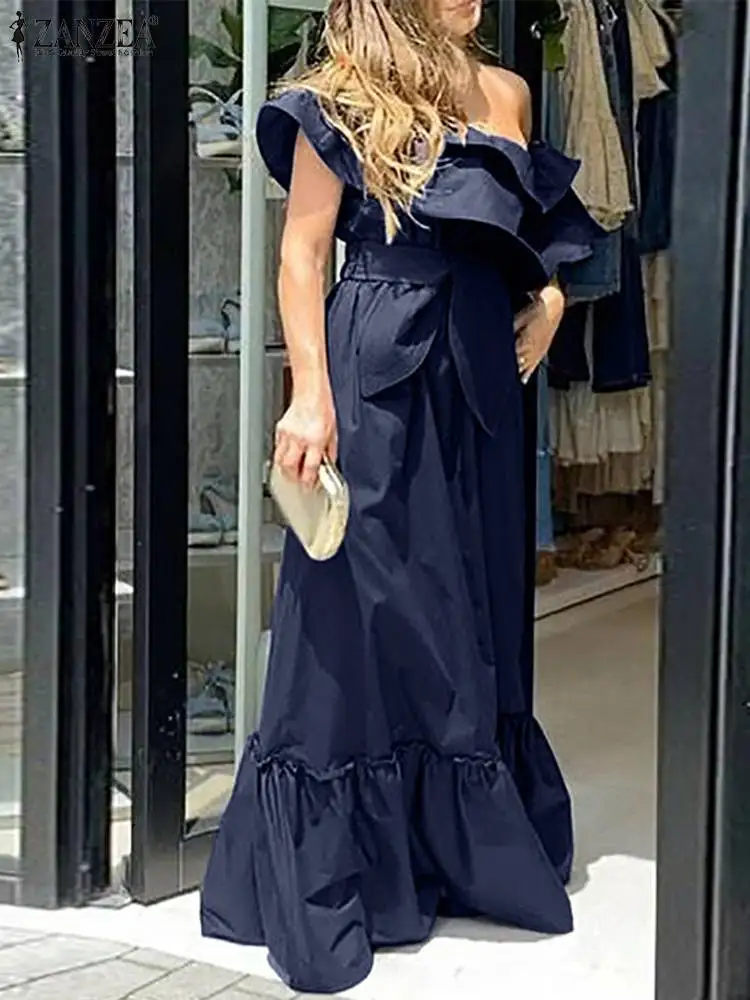 

ZANZEA Casual Pleated Maxi Dresses Women Off One Shoulder Long Dress Vintage Ruffled Party Sundress Elegant Belted Summer Robes