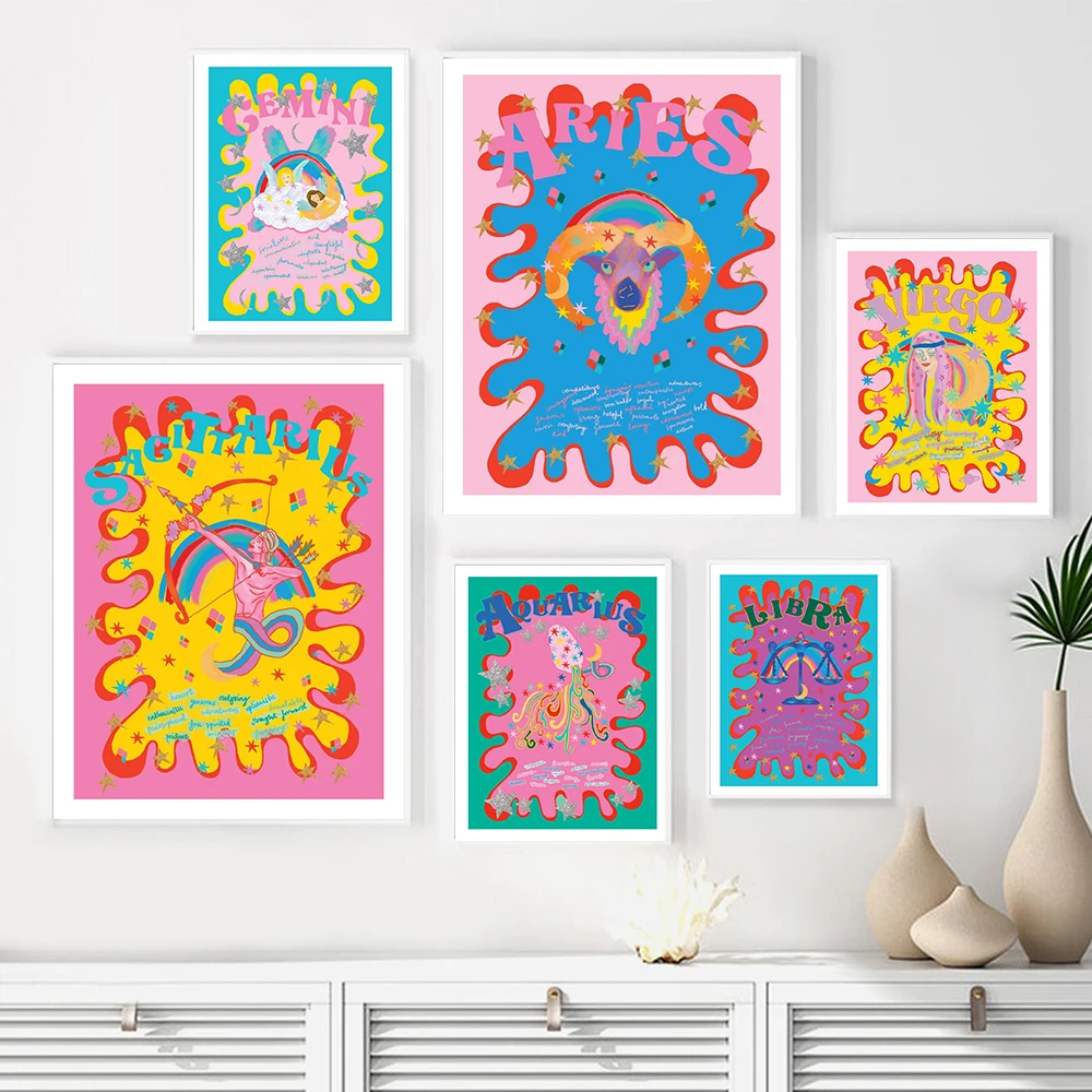 

Zodiac Constellation Art Poster Print Abstract Boho Colorful Weird Canvas Painting Wall Picture Nursery Living Room Home Decor