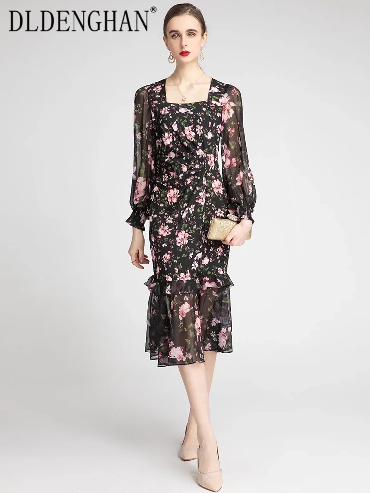

DLDENGHAN Fashion Designer Spring Mermaid Dress Women Square Collar Lantern Sleeve Flower Print Folds Vintage Party Dresses