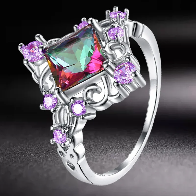 

Elegant Square Colorful Women's Ring Fashion Hollow Out Style Wedding Jewelry Bridal Engagement Jewelry