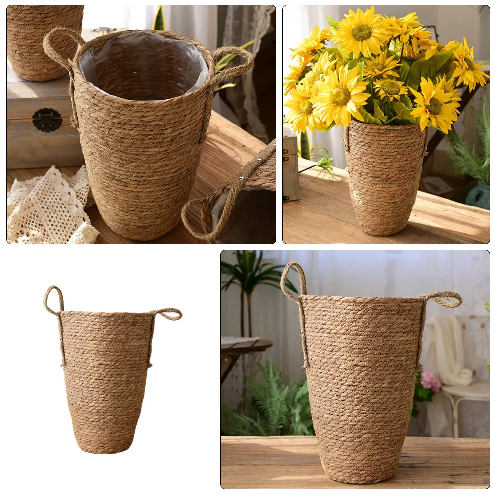 

Grass Woven Flower Basket Baskets Desktop Planter Decor Pot Straw Holder Decorative Bride Storage Organizing