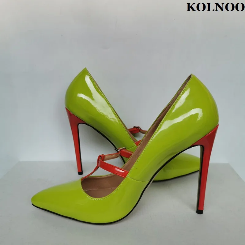 

Kolnoo New Classic Style Ladies High Heels Pumps Green Patent Leather Dress Shoes T-strap Pointy Evening Fashion Hot Sale Shoes
